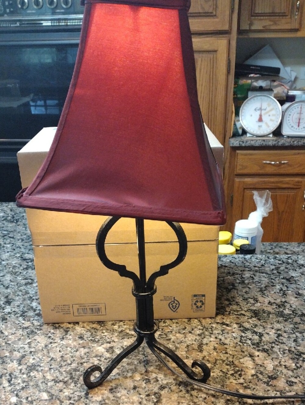 Black Iron Decorative Table Lamp Base w/ red shade 20" height length 7.5" cute!